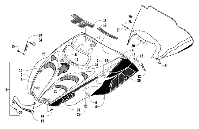 Parts Diagram for Arctic Cat 2004 KING CAT 900 SNOWMOBILE HOOD AND WINDSHIELD ASSEMBLY