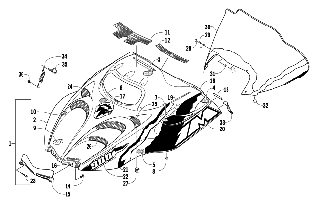 Parts Diagram for Arctic Cat 2004 MOUNTAIN CAT 900 EFI 159 SNOWMOBILE HOOD AND WINDSHIELD ASSEMBLY