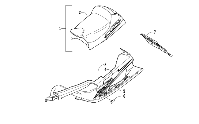 Parts Diagram for Arctic Cat 2004 FIRECAT 600 LIMITED EDITION SNOWMOBILE BELLY PAN, SEAT, AND SNOWFLAP TEAM ARCTIC RED