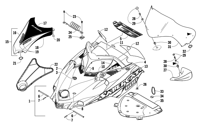 Parts Diagram for Arctic Cat 2004 SABERCAT 600 EFI EXT SNOWMOBILE HOOD AND WINDSHIELD ASSEMBLY