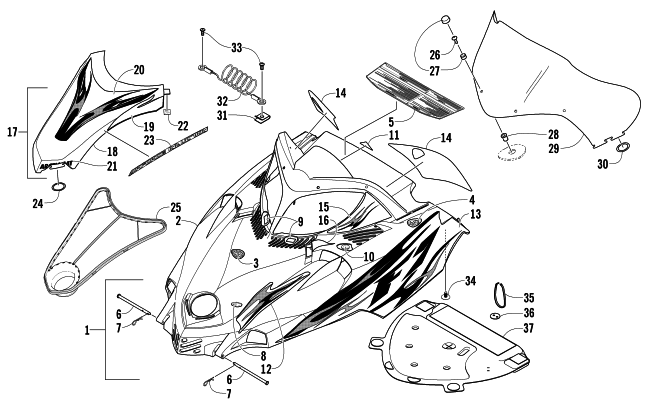 Parts Diagram for Arctic Cat 2004 FIRECAT 700 SNO PRO 1.375 SNOWMOBILE HOOD AND WINDSHIELD ASSEMBLY