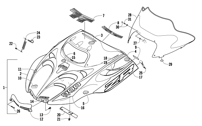 Parts Diagram for Arctic Cat 2004 ZR 900 SNO PRO SNOWMOBILE HOOD AND WINDSHIELD ASSEMBLY