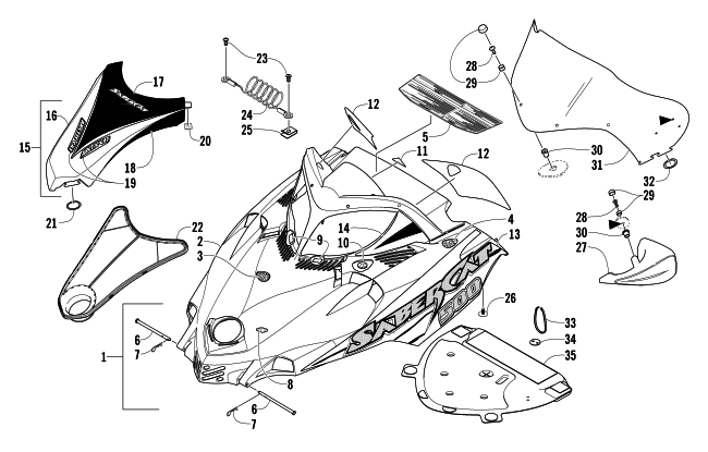 Parts Diagram for Arctic Cat 2004 SABERCAT 500 LX SNOWMOBILE HOOD AND WINDSHIELD ASSEMBLY