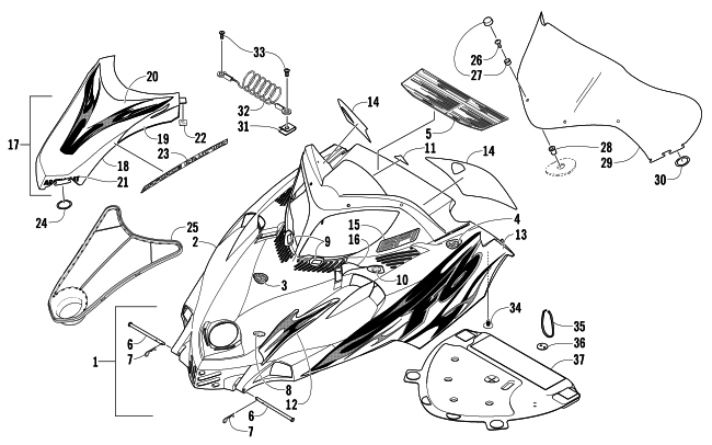 Parts Diagram for Arctic Cat 2004 FIRECAT 600 EFI SNO PRO 1 SNOWMOBILE HOOD AND WINDSHIELD ASSEMBLY