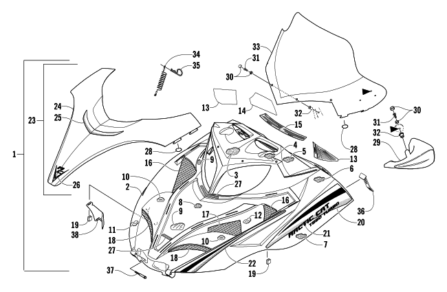 Parts Diagram for Arctic Cat 2004 T660 TURBO TOURING SNOWMOBILE HOOD AND WINDSHIELD ASSEMBLY