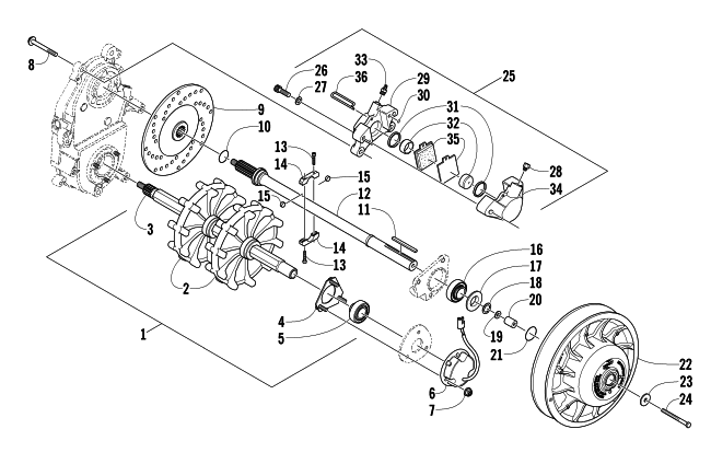 Parts Diagram for Arctic Cat 2004 ARCTIC CAT 440 SNO PRO SNOWMOBILE DRIVE TRAIN SHAFTS AND BRAKE ASSEMBLIES