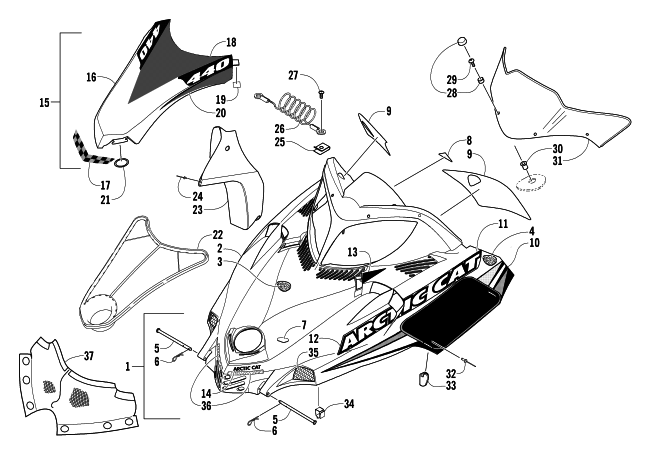 Parts Diagram for Arctic Cat 2004 ARCTIC CAT 440 SNO PRO SNOWMOBILE HOOD AND WINDSHIELD ASSEMBLY