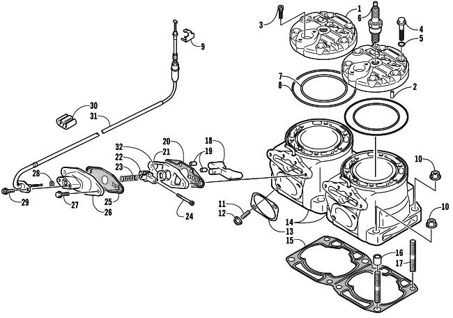 Parts Diagram for Arctic Cat 2005 AC 440 SNO PRO SNOWMOBILE CYLINDER AND HEAD ASSEMBLY