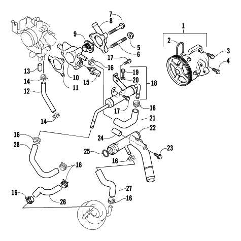 Parts Diagram for Arctic Cat 2005 T660 TURBO SNOWMOBILE WATER PUMP AND THERMOSTAT ASSEMBLIES