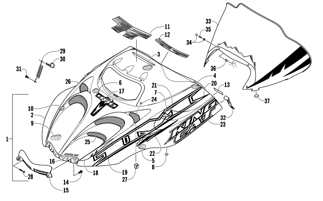 Parts Diagram for Arctic Cat 2005 KING CAT 900 EFI EARLY BUILD SNOWMOBILE HOOD AND WINDSHIELD ASSEMBLY