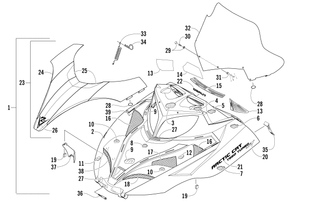 Parts Diagram for Arctic Cat 2005 T660 TURBO ST EFI EARLY BUILD SNOWMOBILE HOOD AND WINDSHIELD ASSEMBLY