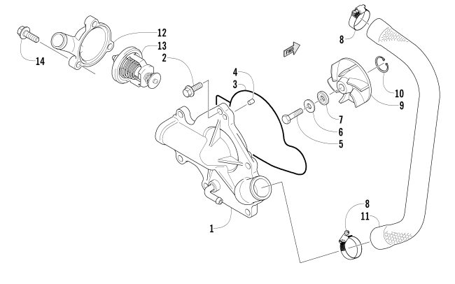 Parts Diagram for Arctic Cat 2005 M7 EFI 141 SNOWMOBILE WATER PUMP AND THERMOSTAT