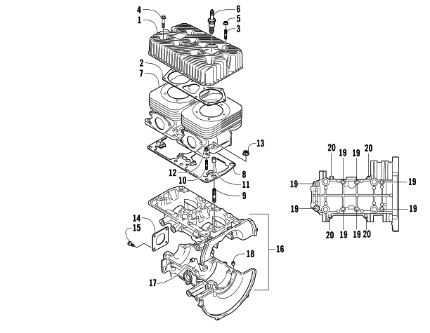 Parts Diagram for Arctic Cat 2004 BEARCAT 570 SNOWMOBILE CRANKCASE AND CYLINDER