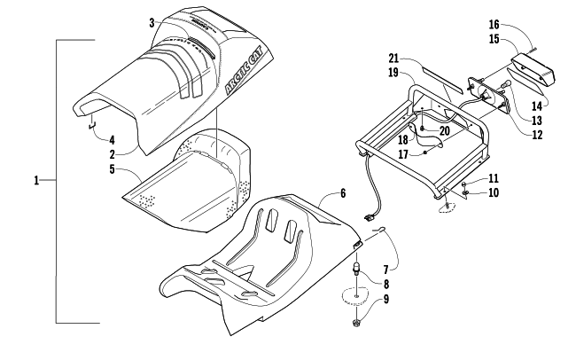 Parts Diagram for Arctic Cat 2005 KING CAT 900 EFI EARLY BUILD SNOWMOBILE SEAT, RACK, AND TAILLIGHT ASSEMBLY