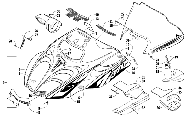 Parts Diagram for Arctic Cat 2005 Z 370 LX SNOWMOBILE HOOD AND WINDSHIELD ASSEMBLY