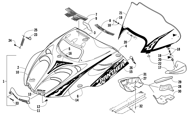 Parts Diagram for Arctic Cat 2005 PANTHER 570 SNOWMOBILE HOOD AND WINDSHIELD ASSEMBLY