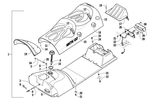 Parts Diagram for Arctic Cat 2005 PANTHER 570 SNOWMOBILE GAS TANK, SEAT, AND TAILLIGHT ASSEMBLY