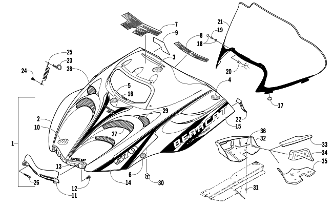 Parts Diagram for Arctic Cat 2005 BEARCAT 570 SNOWMOBILE HOOD AND WINDSHIELD ASSEMBLY