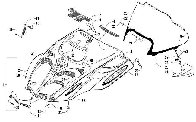 Parts Diagram for Arctic Cat 2005 PANTERA 550 (S2005PTCCAUSB) SNOWMOBILE HOOD AND WINDSHIELD ASSEMBLY