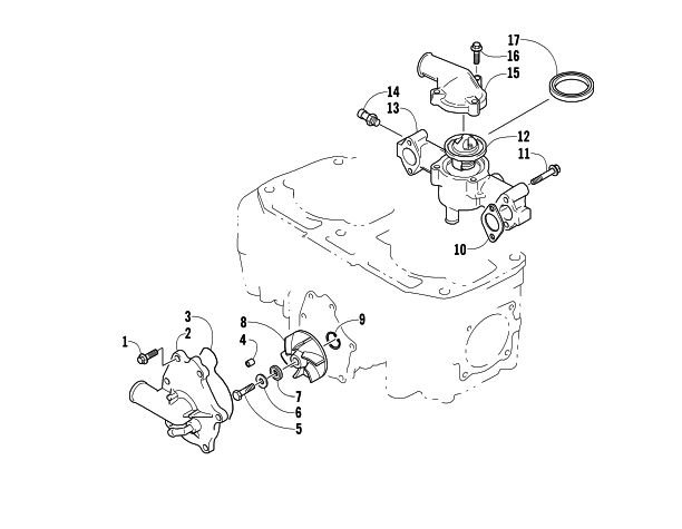Parts Diagram for Arctic Cat 2004 MOUNTAIN CAT 900 EFI 159 SNOWMOBILE WATER PUMP/WATER MANIFOLD ASSEMBLY