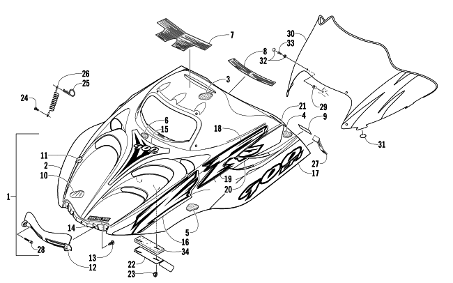 Parts Diagram for Arctic Cat 2005 ZR 900 EFI SNO PRO SNOWMOBILE HOOD AND WINDSHIELD ASSEMBLY
