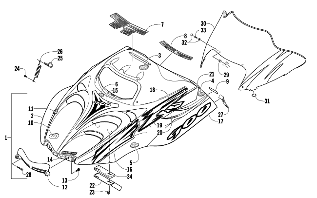 Parts Diagram for Arctic Cat 2005 ZR 900 SNOWMOBILE HOOD AND WINDSHIELD ASSEMBLY
