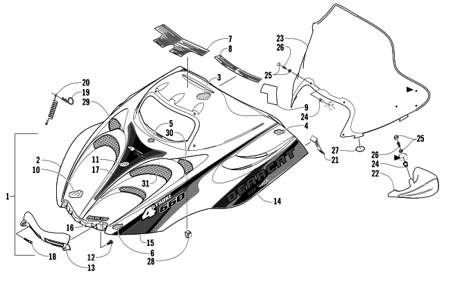 Parts Diagram for Arctic Cat 2005 BEARCAT WIDE TRACK SNOWMOBILE HOOD AND WINDSHIELD ASSEMBLY