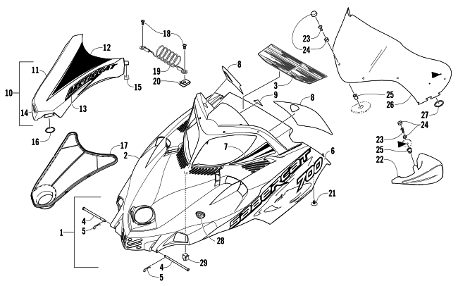 Parts Diagram for Arctic Cat 2005 SABERCAT 700 EFI SNOWMOBILE HOOD AND WINDSHIELD ASSEMBLY