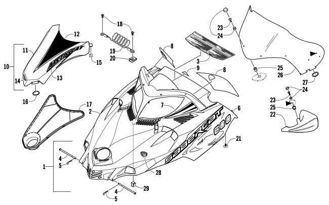 Parts Diagram for Arctic Cat 2005 SABERCAT 600 EFI LX SNOWMOBILE HOOD AND WINDSHIELD ASSEMBLY