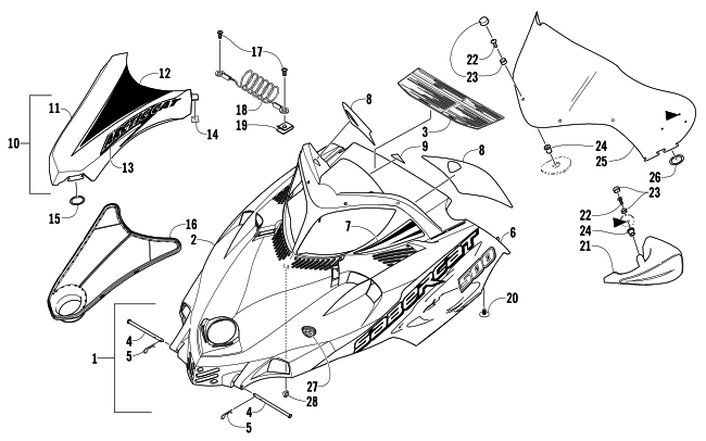 Parts Diagram for Arctic Cat 2005 SABERCAT 500 SNOWMOBILE HOOD AND WINDSHIELD ASSEMBLY