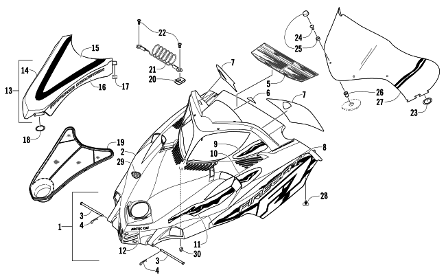 Parts Diagram for Arctic Cat 2005 FIRECAT 700 SNO PRO SNOWMOBILE HOOD AND WINDSHIELD ASSEMBLY