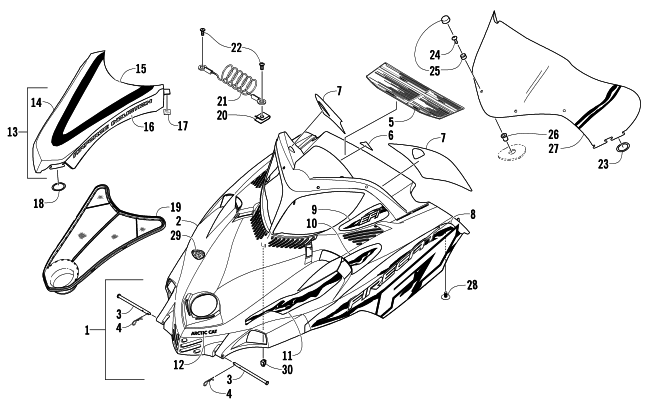 Parts Diagram for Arctic Cat 2005 FIRECAT 700 EFI SNO PRO SNOWMOBILE HOOD AND WINDSHIELD ASSEMBLY
