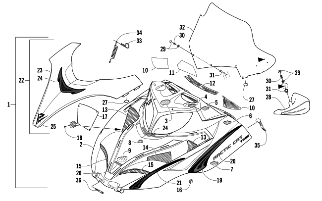 Parts Diagram for Arctic Cat 2005 T660 TOURING SNOWMOBILE HOOD AND WINDSHIELD ASSEMBLY