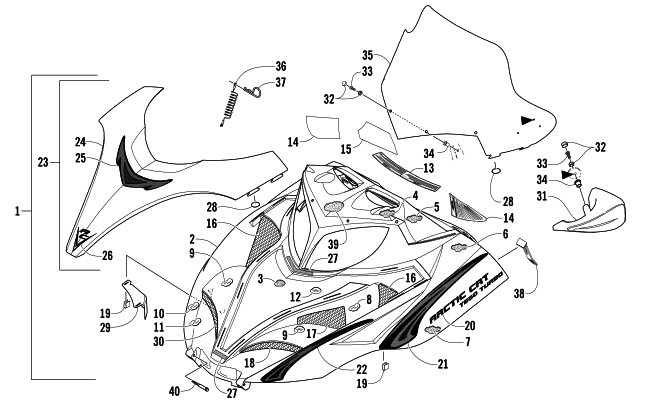 Parts Diagram for Arctic Cat 2005 T660 TURBO TOURING SNOWMOBILE HOOD AND WINDSHIELD ASSEMBLY