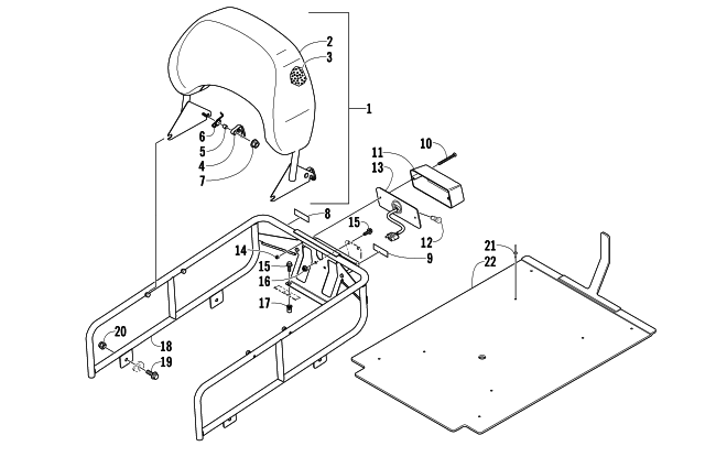 Parts Diagram for Arctic Cat 2006 BEARCAT 570 LONG TRACK SNOWMOBILE RACK, BACKREST, AND TAILLIGHT ASSEMBLY