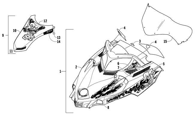 Parts Diagram for Arctic Cat 2005 FIRECAT 600 EFI R SNOWMOBILE HOOD AND WINDSHIELD ASSEMBLY