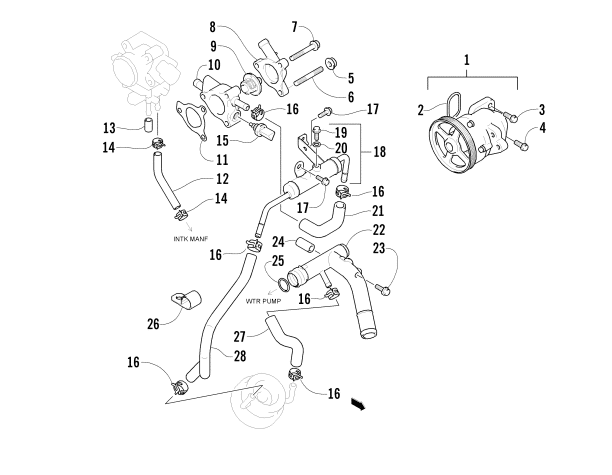 Parts Diagram for Arctic Cat 2005 BEARCAT WIDE TRACK SNOWMOBILE WATER PUMP AND THERMOSTAT ASSEMBLIES