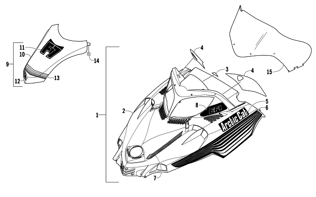 Parts Diagram for Arctic Cat 2005 FIRECAT 700 EFI R SNOWMOBILE HOOD AND WINDSHIELD ASSEMBLY