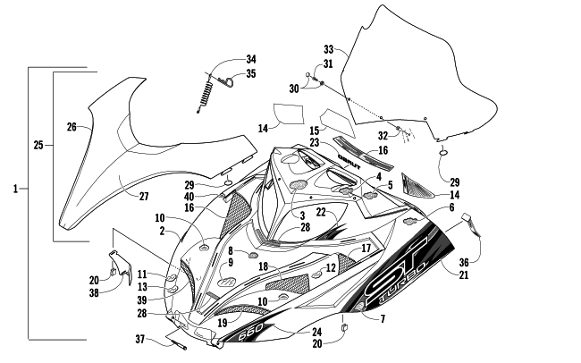 Parts Diagram for Arctic Cat 2005 T660 TURBO SNOWMOBILE HOOD AND WINDSHIELD ASSEMBLY