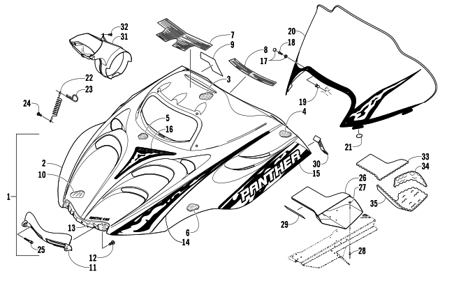 Parts Diagram for Arctic Cat 2005 PANTHER 370 R SNOWMOBILE HOOD AND WINDSHIELD ASSEMBLY