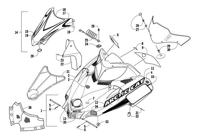 Parts Diagram for Arctic Cat 2005 AC 440 SNO PRO SNOWMOBILE HOOD AND WINDSHIELD ASSEMBLY