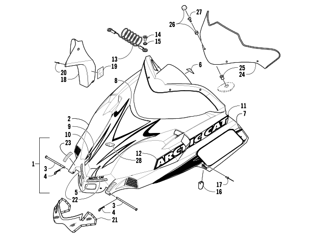 Parts Diagram for Arctic Cat 2005 AC SNO PRO MOD SNOWMOBILE HOOD AND WINDSHIELD ASSEMBLY