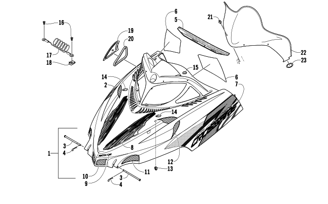 Parts Diagram for Arctic Cat 2006 CROSSFIRE 700 EFI SNOWMOBILE HOOD AND WINDSHIELD ASSEMBLY