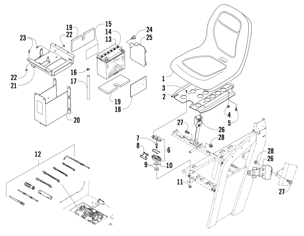 Parts Diagram for Arctic Cat 2007 PROWLER 650 H1 AUTOMATIC 4X4 ATV SEAT, BATTERY, AND TOOL KIT ASSEMBLY