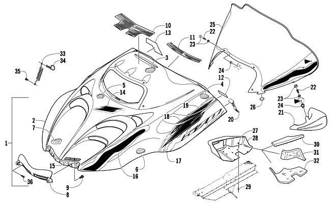 Parts Diagram for Arctic Cat 2006 Z 570 SNOWMOBILE HOOD AND WINDSHIELD ASSEMBLY