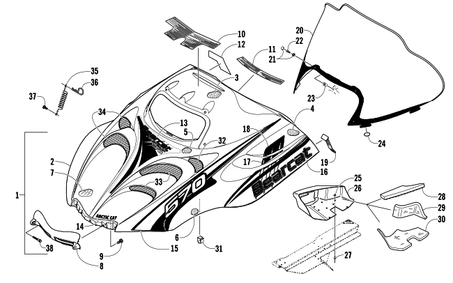 Parts Diagram for Arctic Cat 2006 BEARCAT 570 LONG TRACK SNOWMOBILE HOOD AND WINDSHIELD ASSEMBLY