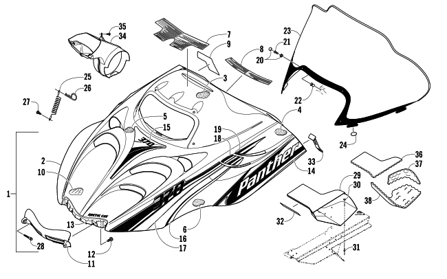 Parts Diagram for Arctic Cat 2006 PANTHER 370 R SNOWMOBILE HOOD AND WINDSHIELD ASSEMBLY