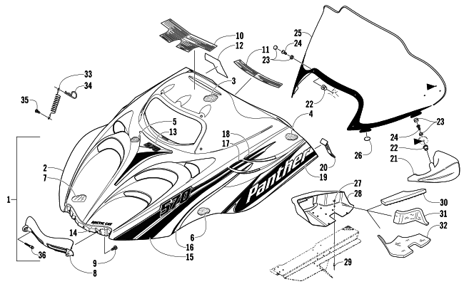 Parts Diagram for Arctic Cat 2006 PANTHER 570 SNOWMOBILE HOOD AND WINDSHIELD ASSEMBLY