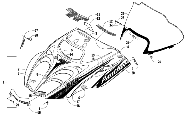 Parts Diagram for Arctic Cat 2006 PANTHER 660 TOURING SNOWMOBILE HOOD AND WINDSHIELD ASSEMBLY