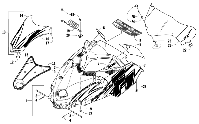 Parts Diagram for Arctic Cat 2006 FIRECAT 700 SNO PRO SNOWMOBILE HOOD AND WINDSHIELD ASSEMBLY